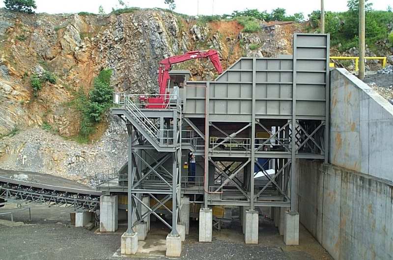 Primary crushing station with hydraulic breaker and control tower, Feed&Discharge Conveyor Steel Structures 