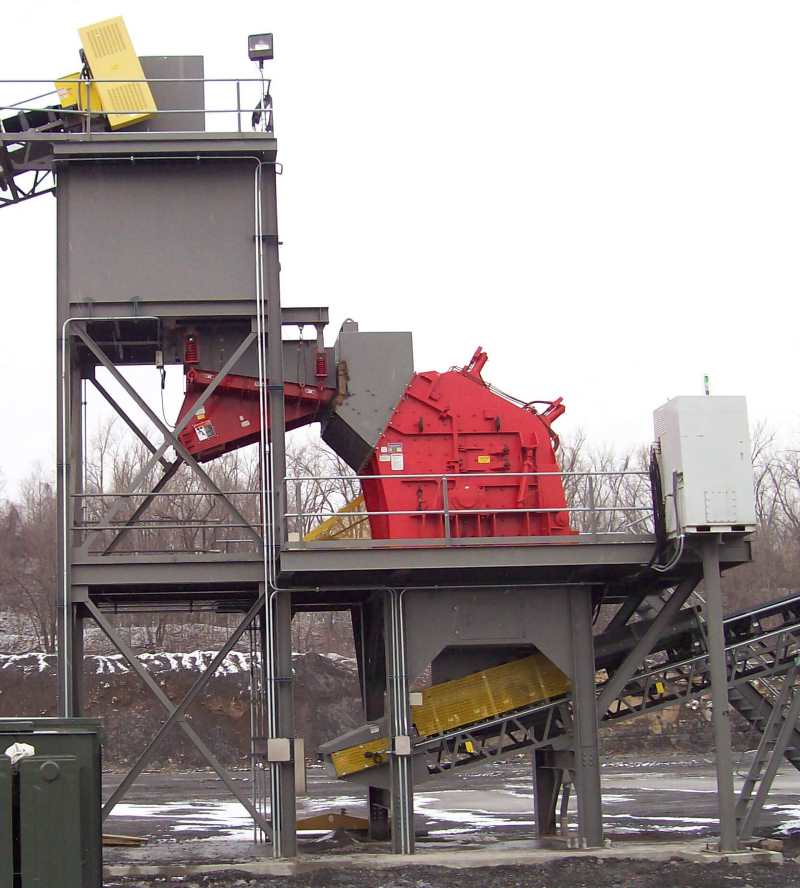 Tertiary crushing station featuring a horizontal shaft impact crusher with a surge bin and feeder, Feed&Discharge Conveyor Steel Structures 