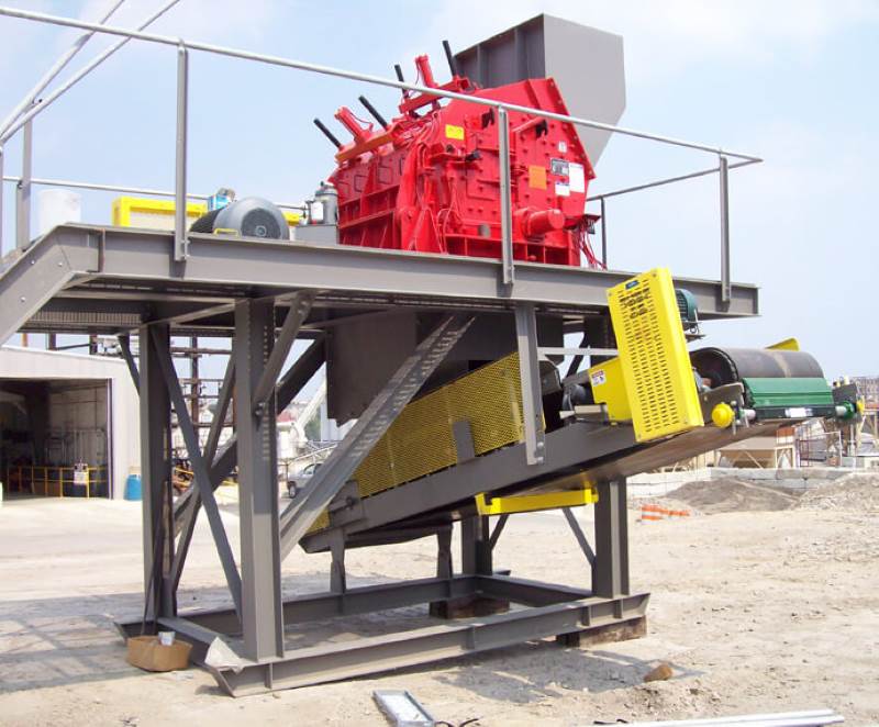 Crushing station featuring a horizontal shaft impact crusher with side discharge conveyor; semi-portable, Feed&Discharge Conveyor Steel Structures 