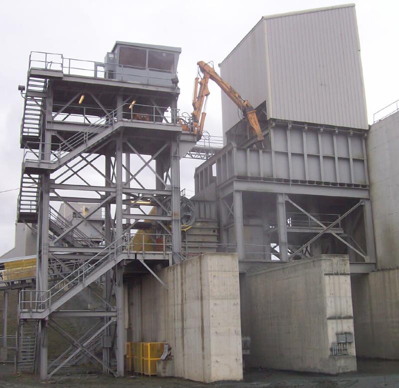 Primary crushing station with enclosed rock box hopper, hydraulic breaker and operators booth, Feed&Discharge Conveyor Steel Structures 