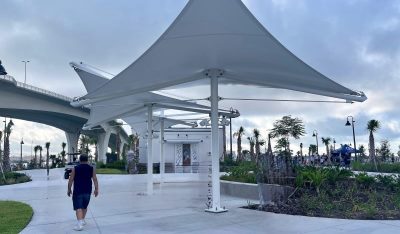 PVC Membrane Quasar Tensile Shade Structures Steelworks | Hyperbolic Paraboloid Shape