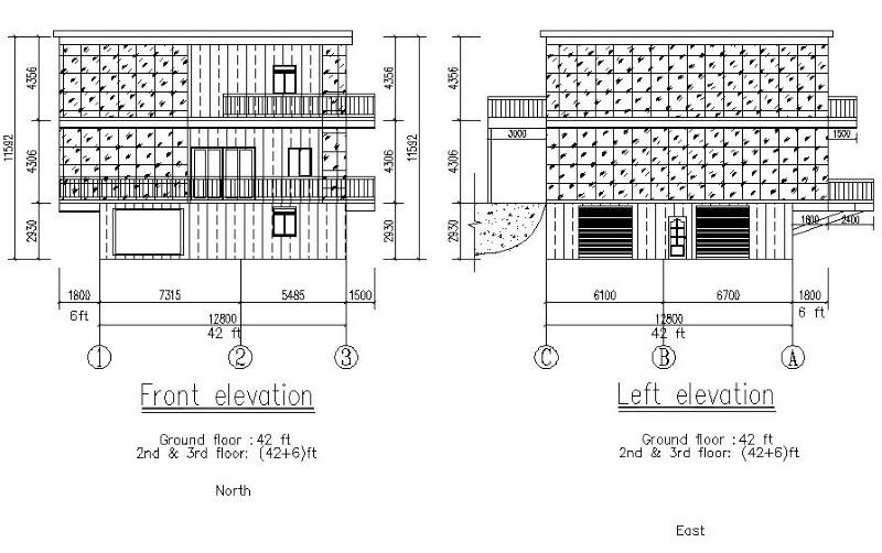 3 Floor Steel Family House Building USA:Building Front and left Elevation