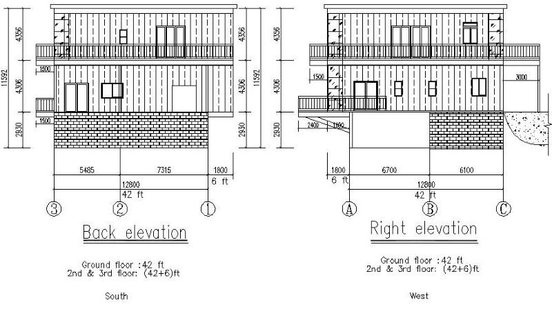 3 Floor Steel Family House Building USA:Building Back and Right Side Elevation 