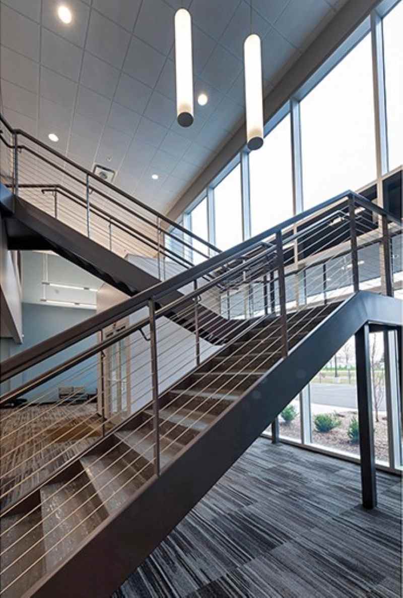 Custom Steel Office Building with Warehouse for Gourmet Factory:Main office building steel staircase and handrails 